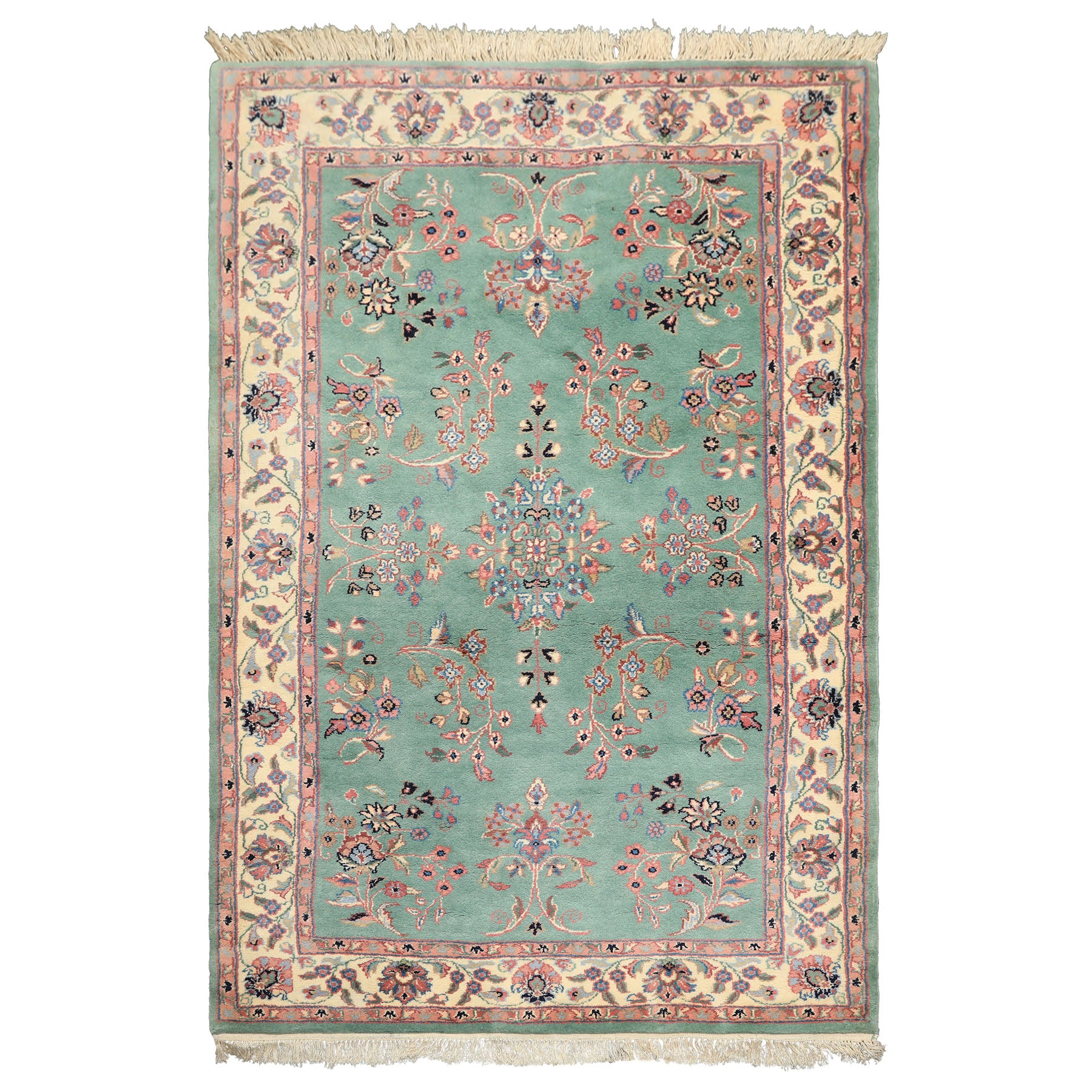 4x6 Turquoise, Ivory, Rose Color Hand Knotted Indo Kashan Wool Traditional Oriental Rug