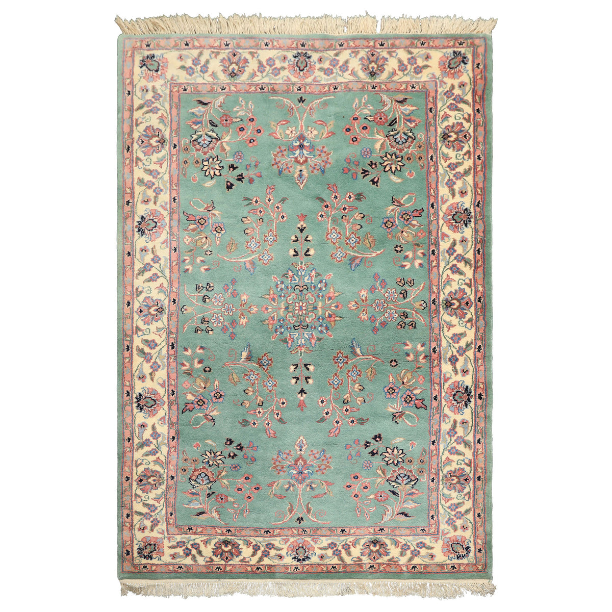 4x6 Turquoise, Ivory, Rose Color Hand Knotted Indo Kashan Wool Traditional Oriental Rug