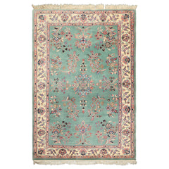4x6 Turquoise, Ivory, Rose Color Hand Knotted Indo Kashan Wool Traditional Oriental Rug