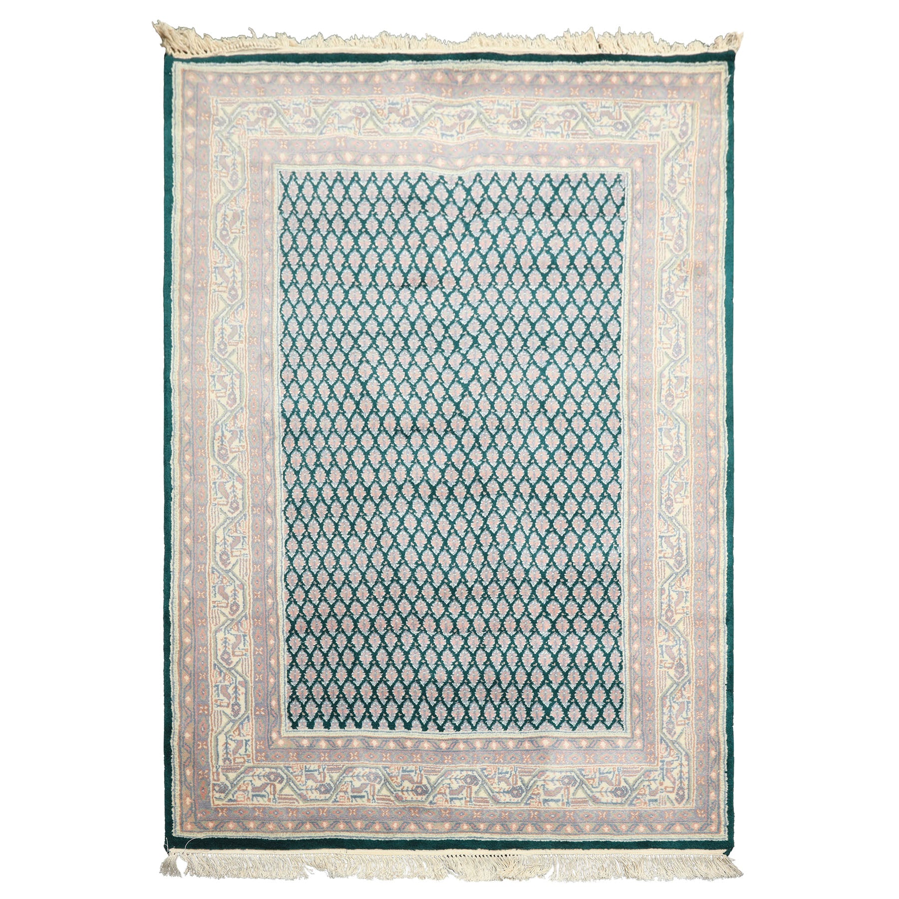 4x6 Emerald, Rose, Ivory Color Hand Knotted Boteh Wool Traditional Oriental Rug