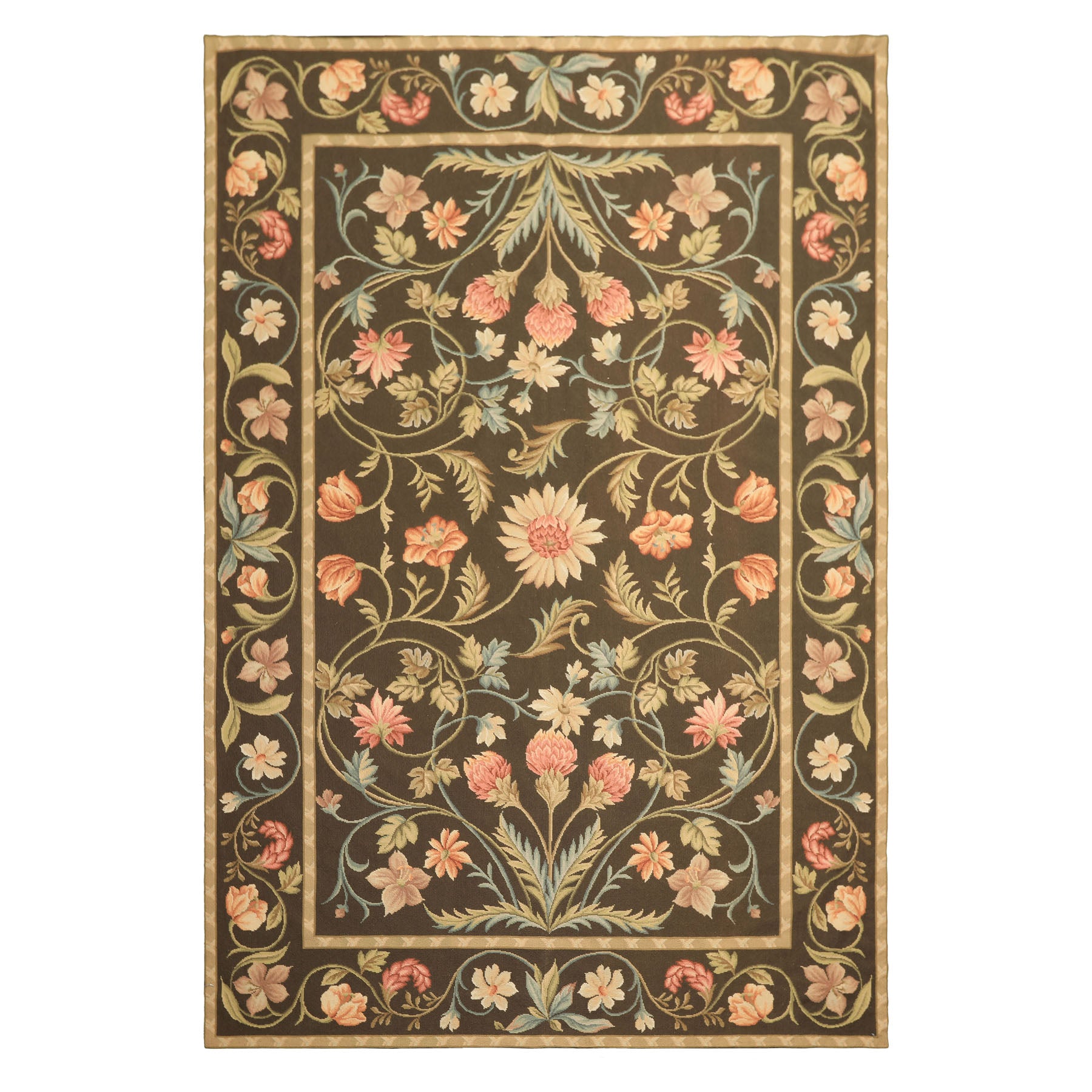 6x9 Green, Gold, Aqua Color Hand Woven French Aubusson Needlepoint Wool Traditional Oriental Rug