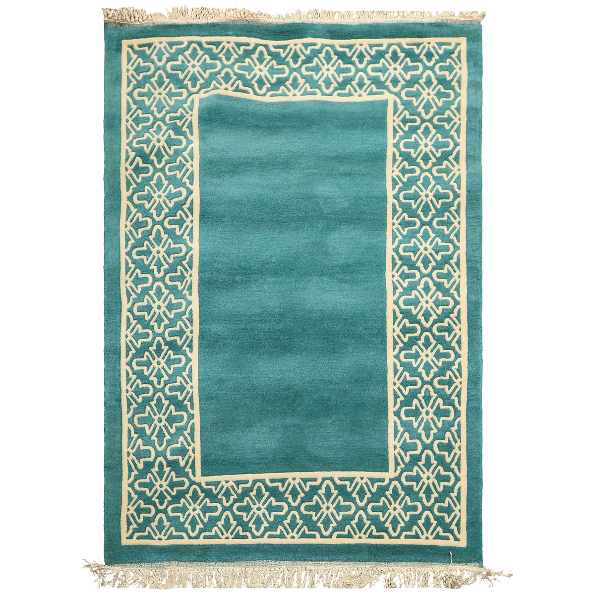 4x6 Turquoise, Ivory, Color Hand Knotted Indo Tibetan Wool Transitional Oriental Rug