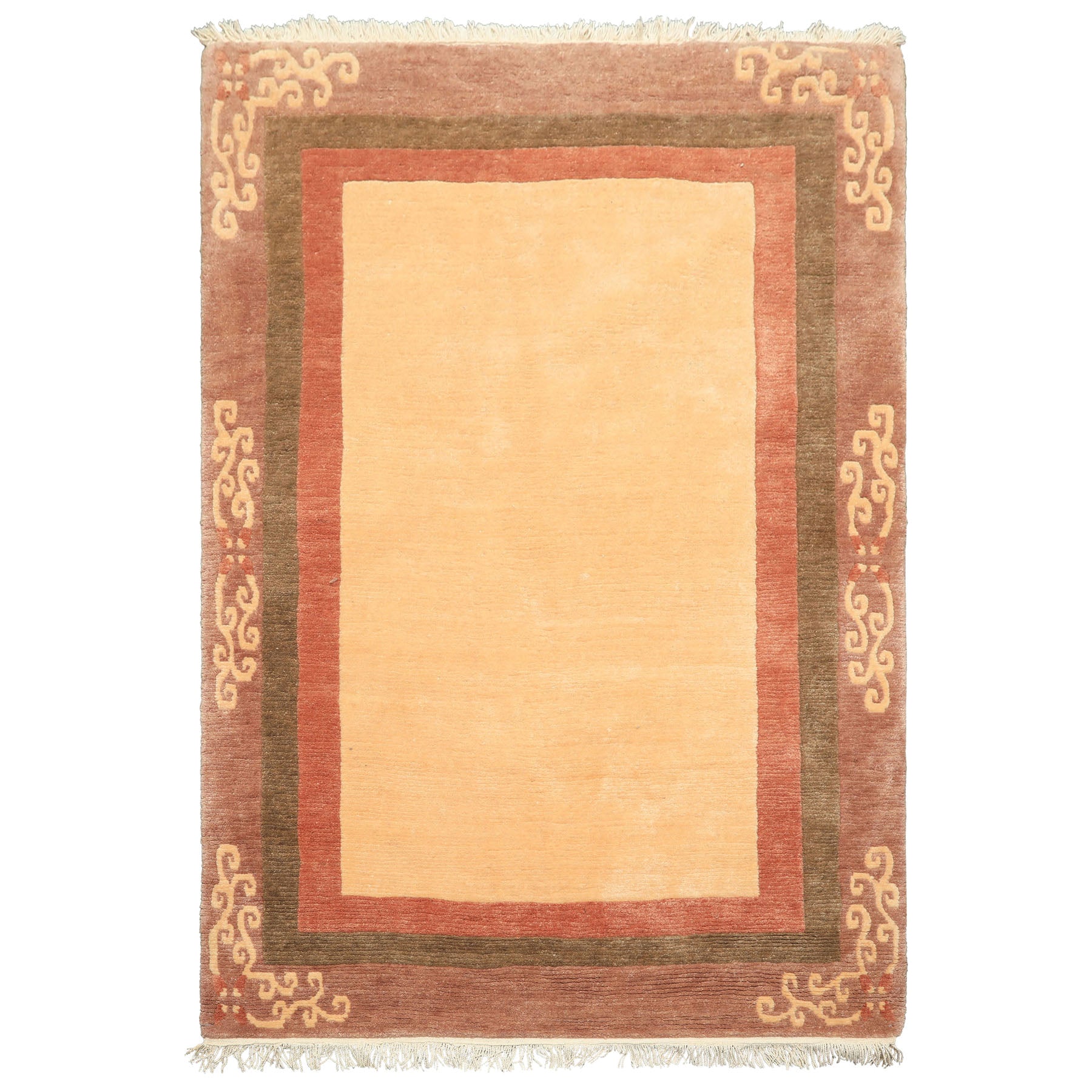 4x6 Ivory, Rose, Olive Color Hand Knotted Tibetan Wool Traditional Oriental Rug