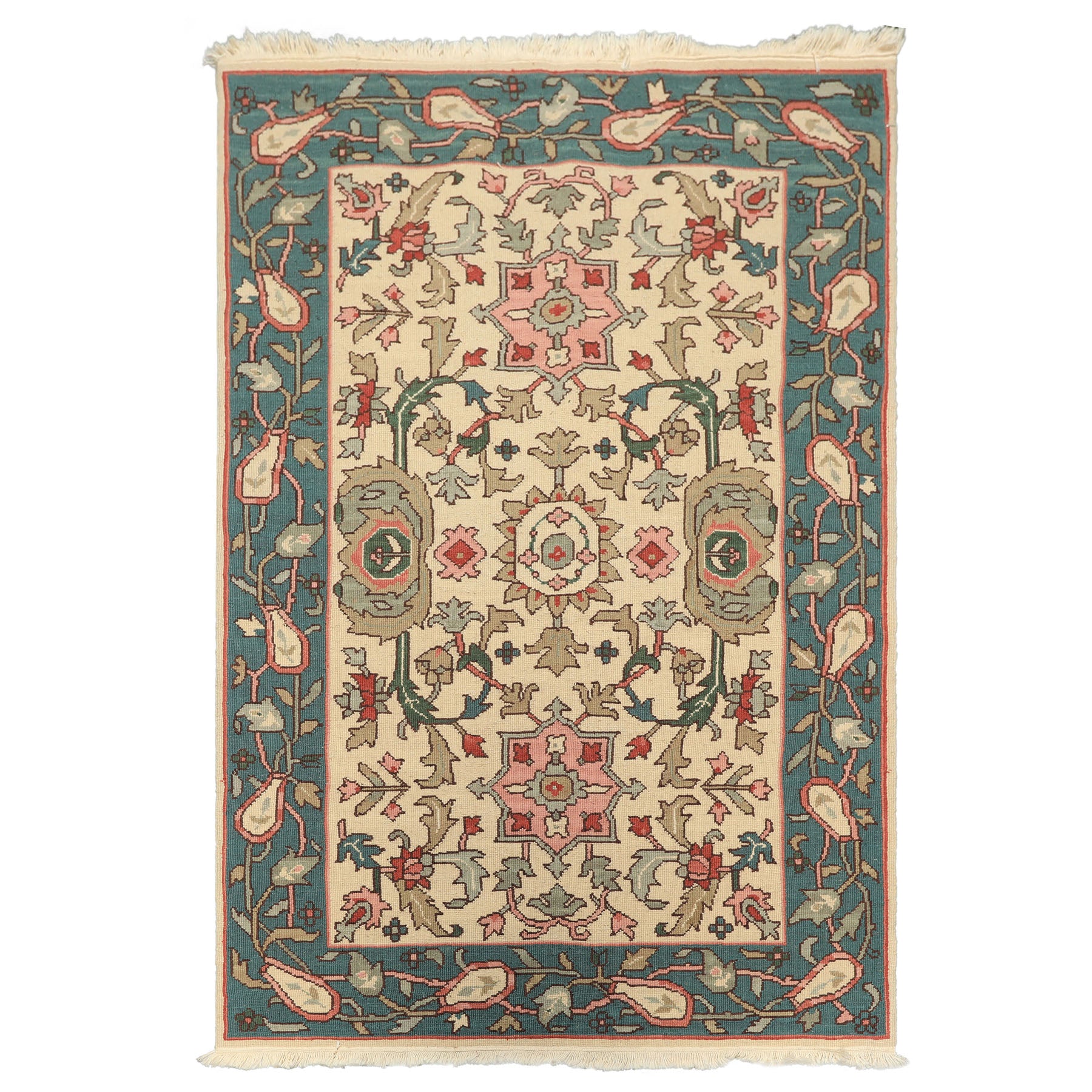 4x6 Ivory, Turquiose, Moss Color Hand Knotted Nourison Nourmak Soumak Wool Traditional Oriental Rug