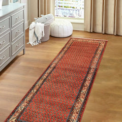 Runner Rust, Ivory, Blue Color Hand Knotted Vintage Gul Wool Traditional Oriental Rug