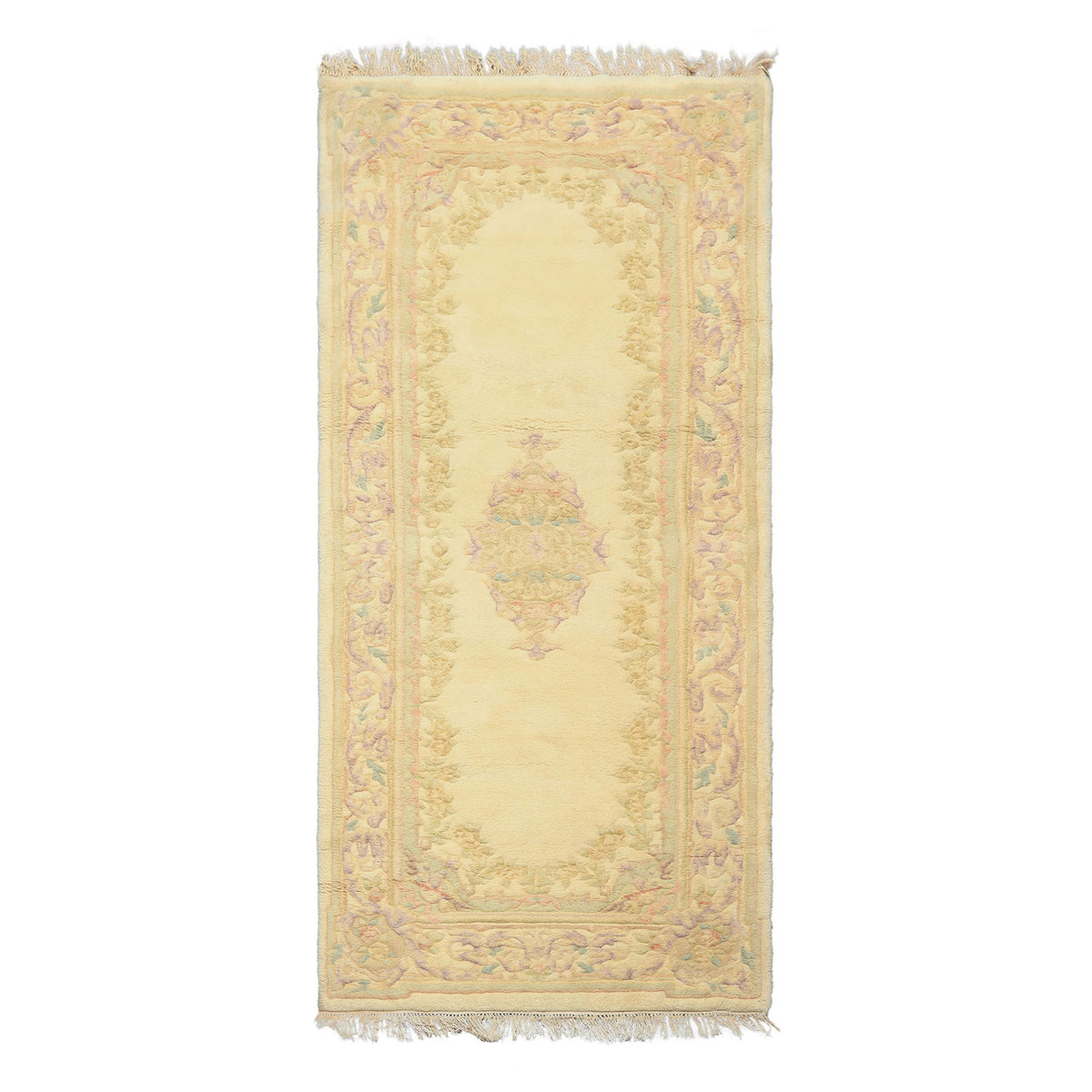 Runner Ivory, Mint, Lavender Color Hand Knotted French Aubusson savonnerie Wool Traditional Oriental Rug