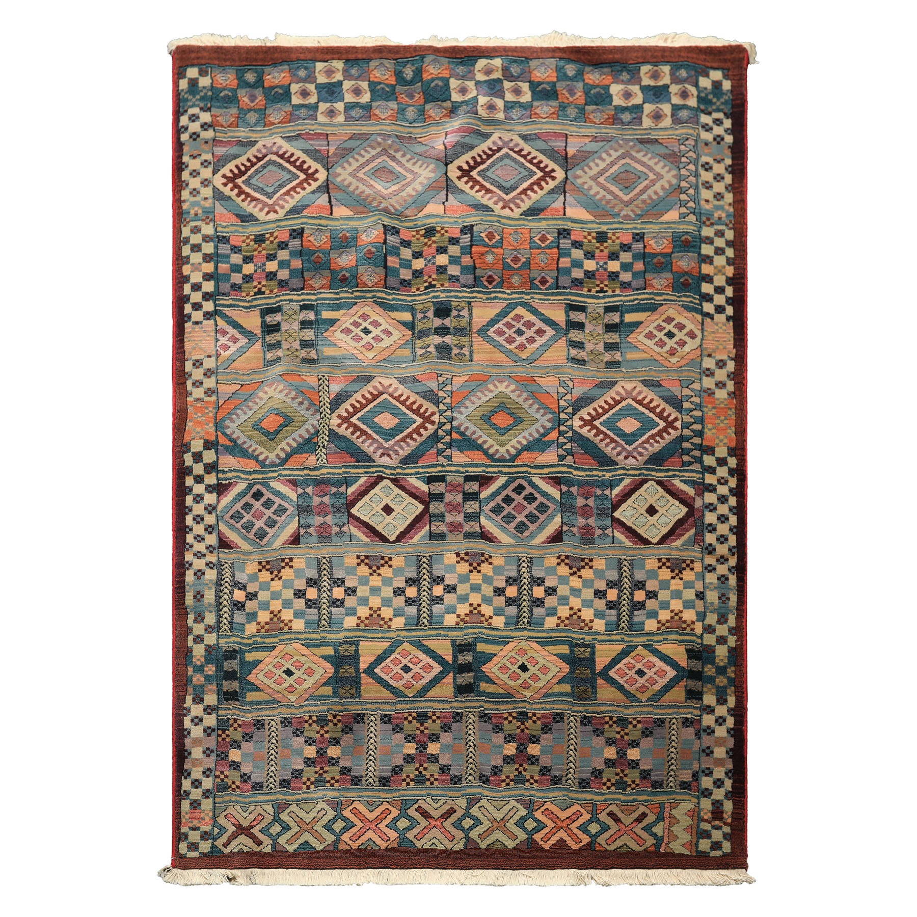 5x8 Teal, Ivory, Peach Color Machine Made Gabbeh Wool Southwestern Oriental Rug