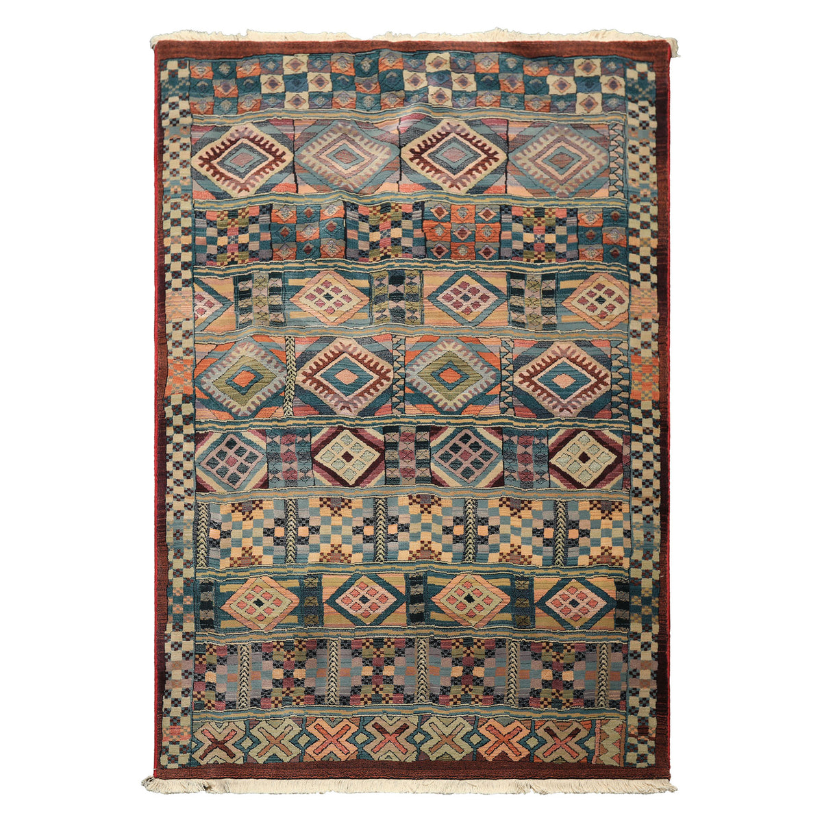 5x8 Teal, Ivory, Peach Color Machine Made Gabbeh Wool Southwestern Oriental Rug