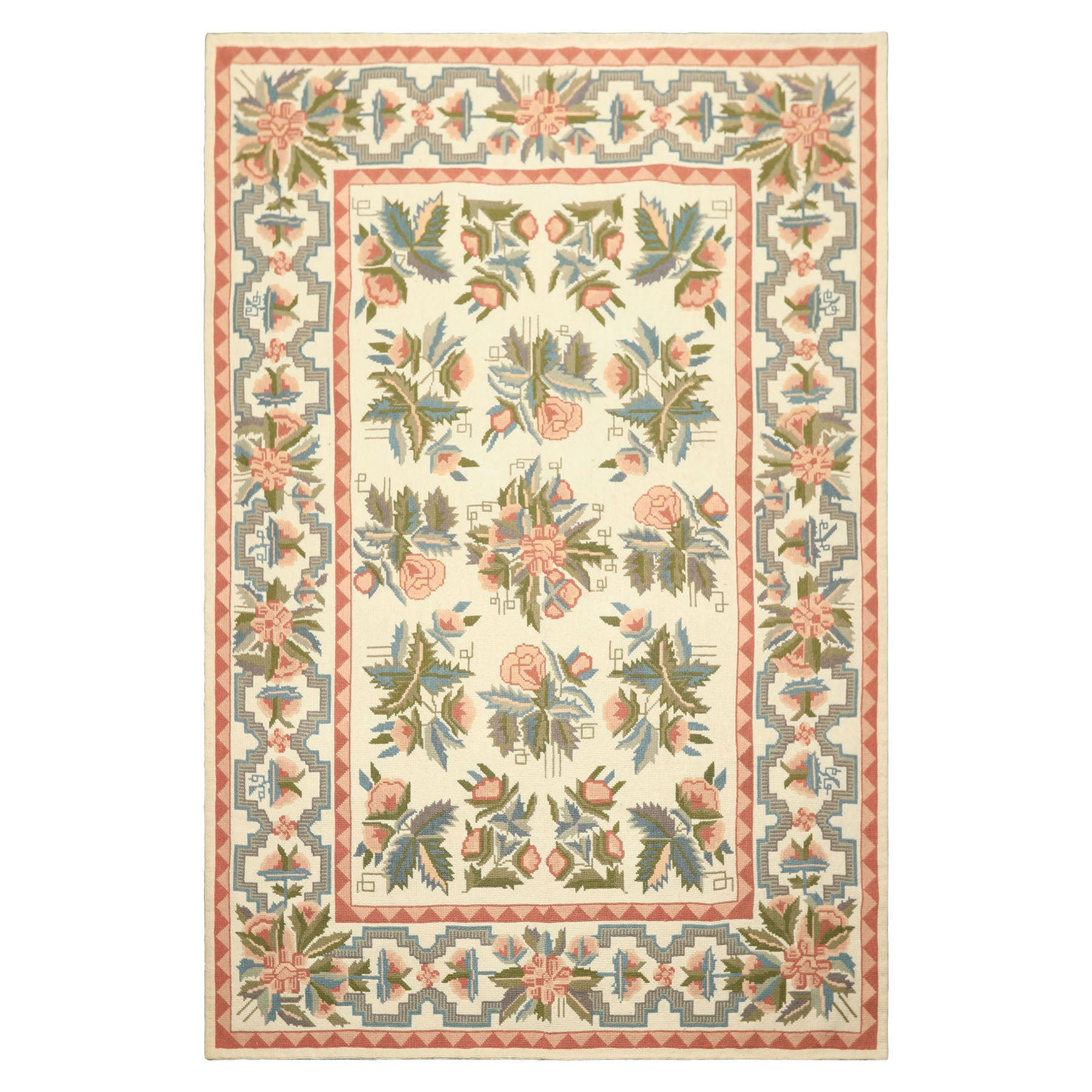 6x9 Ivory, Blush, Rose Color Hand Woven Portugese Needlepoint Wool Transitional Oriental Rug