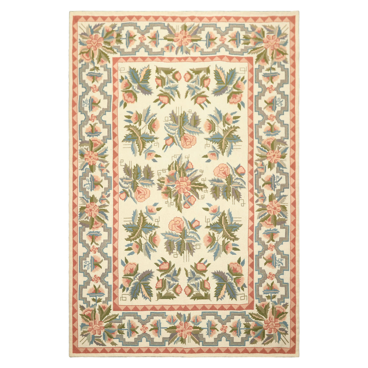 6x9 Ivory, Blush, Rose Color Hand Woven Portugese Needlepoint Wool Transitional Oriental Rug