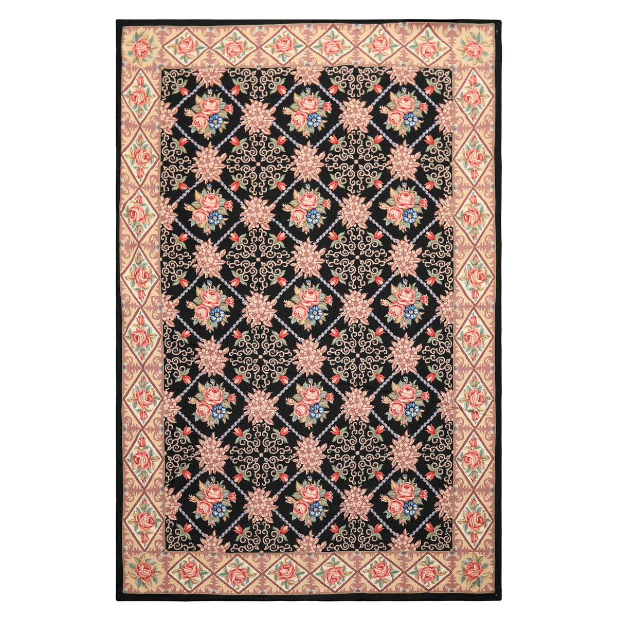 6x9 Black, Ivory, Green Color Hand Woven French Aubusson Needlepoint Wool Traditional Oriental Rug