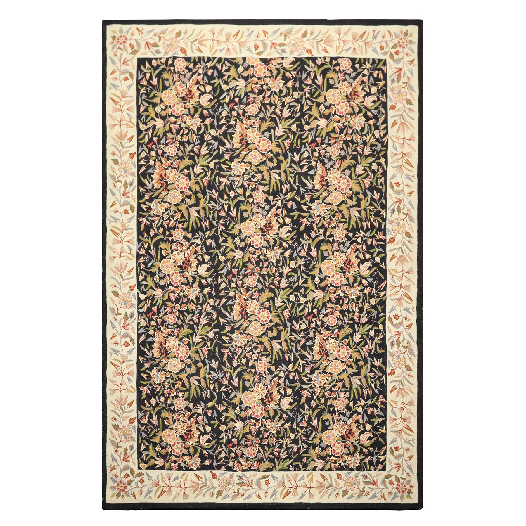 6x9 Black, Ivory, Tan Color Hand Woven Chainstitch Wool Transitional Oriental Rug