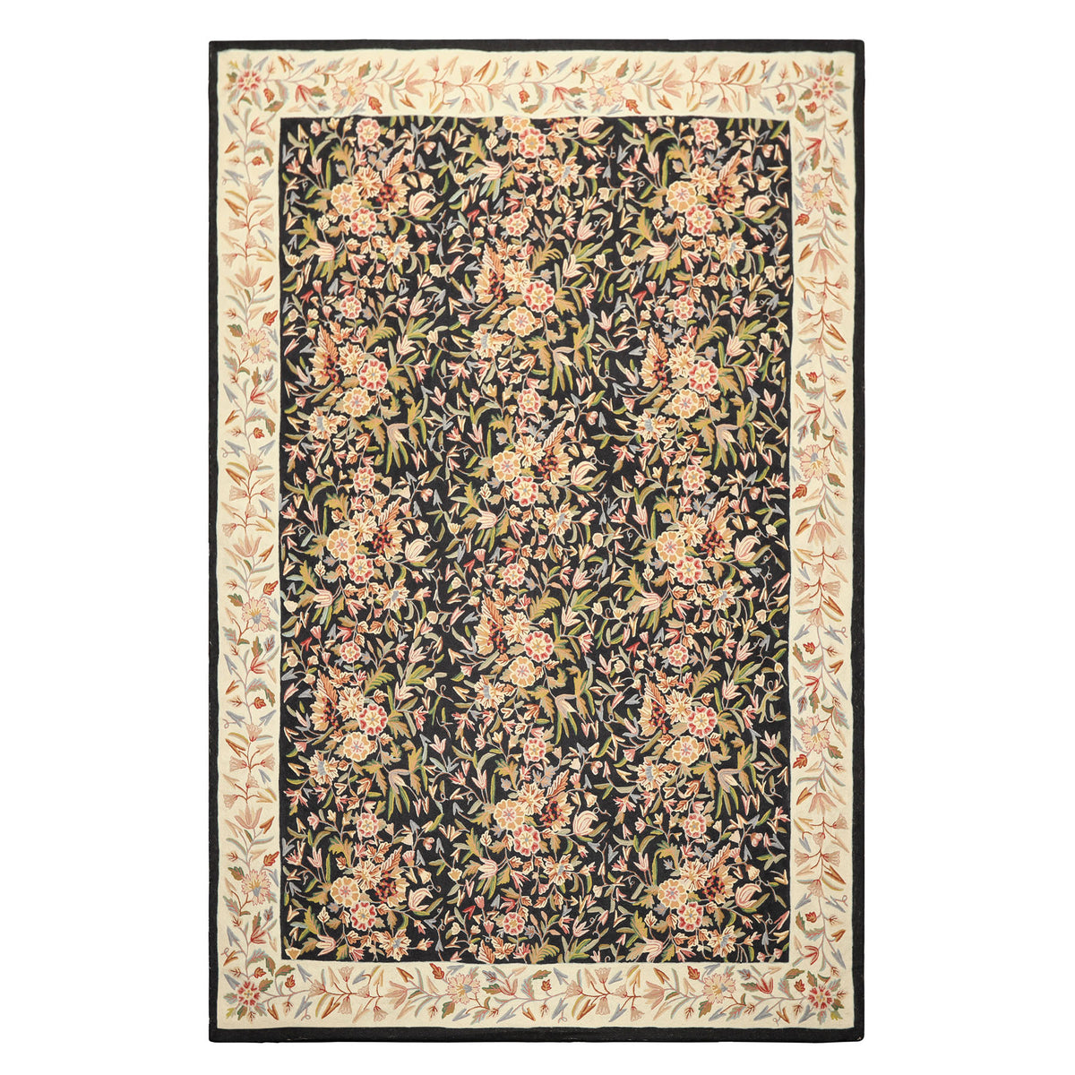 6x9 Black, Ivory, Tan Color Hand Woven Chainstitch Wool Transitional Oriental Rug