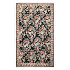 6x9 Black, Ivory, Rose Color Hand Woven French Aubusson Needlepoint Wool Traditional Oriental Rug