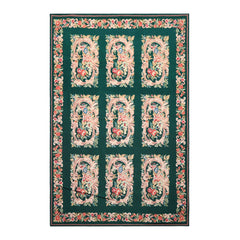 6x9 Emerald, Ivory, Pink Color Hand Woven French Aubusson Needlepoint Wool Traditional Oriental Rug