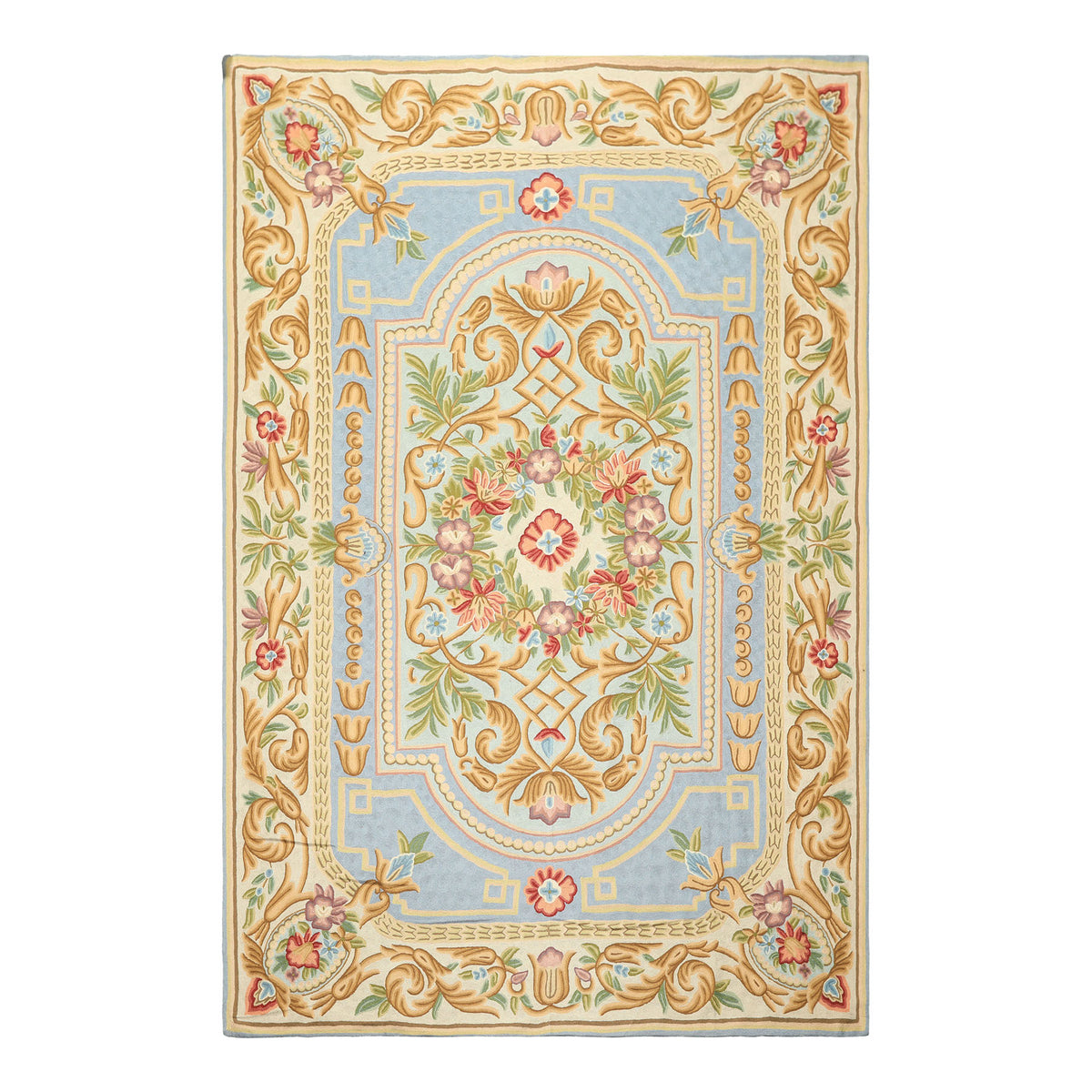 6x9 Aqua, Blue, Ivory Color Hand Woven Chainstitch Wool Traditional Oriental Rug