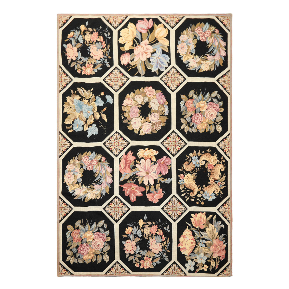 6x9 Black, Ivory, Rose Color Hand Woven French Aubusson Needlepoint Wool Traditional Oriental Rug