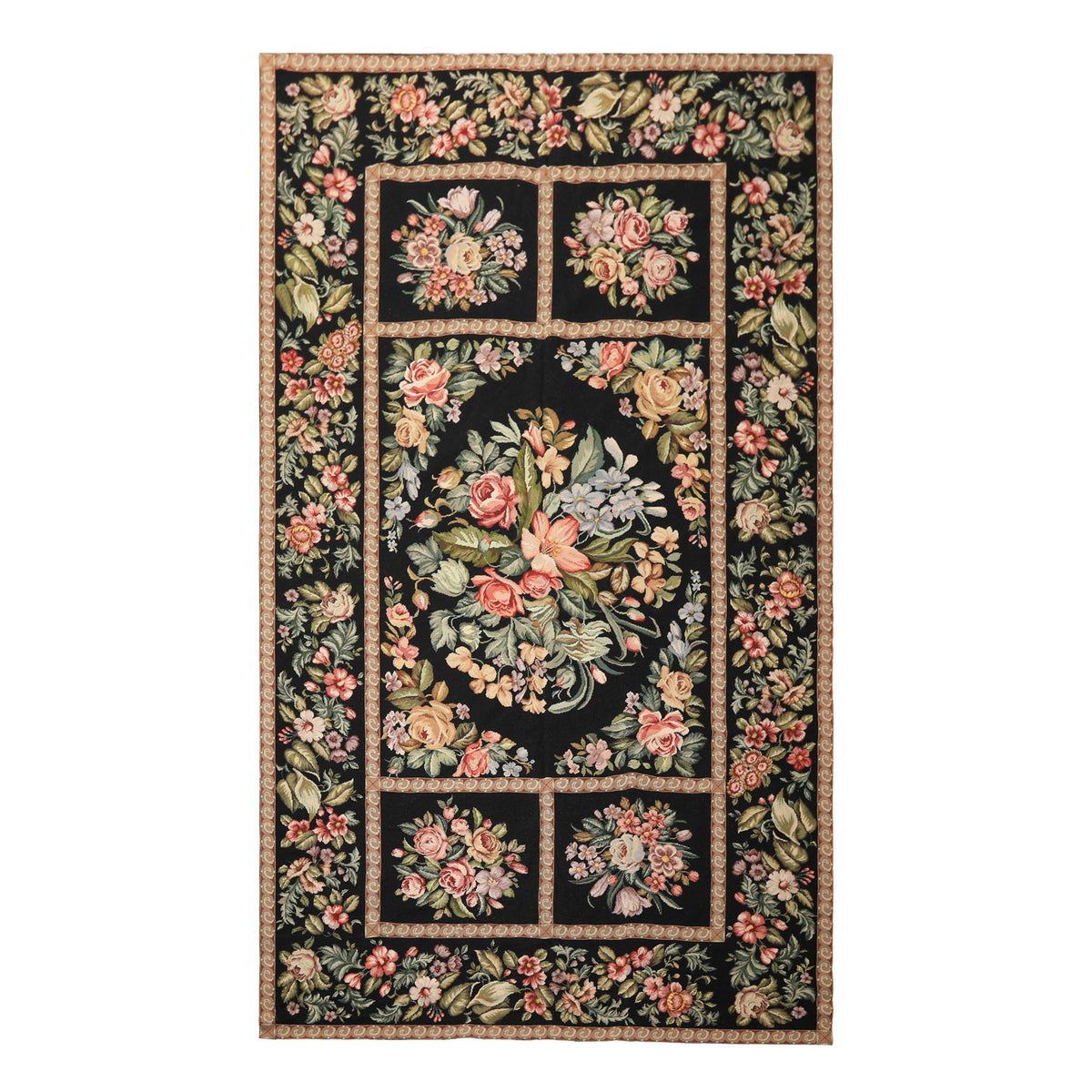 Runner Black, Tan, Green Color Hand Woven French Aubusson Needlepoint Wool Traditional Oriental Rug