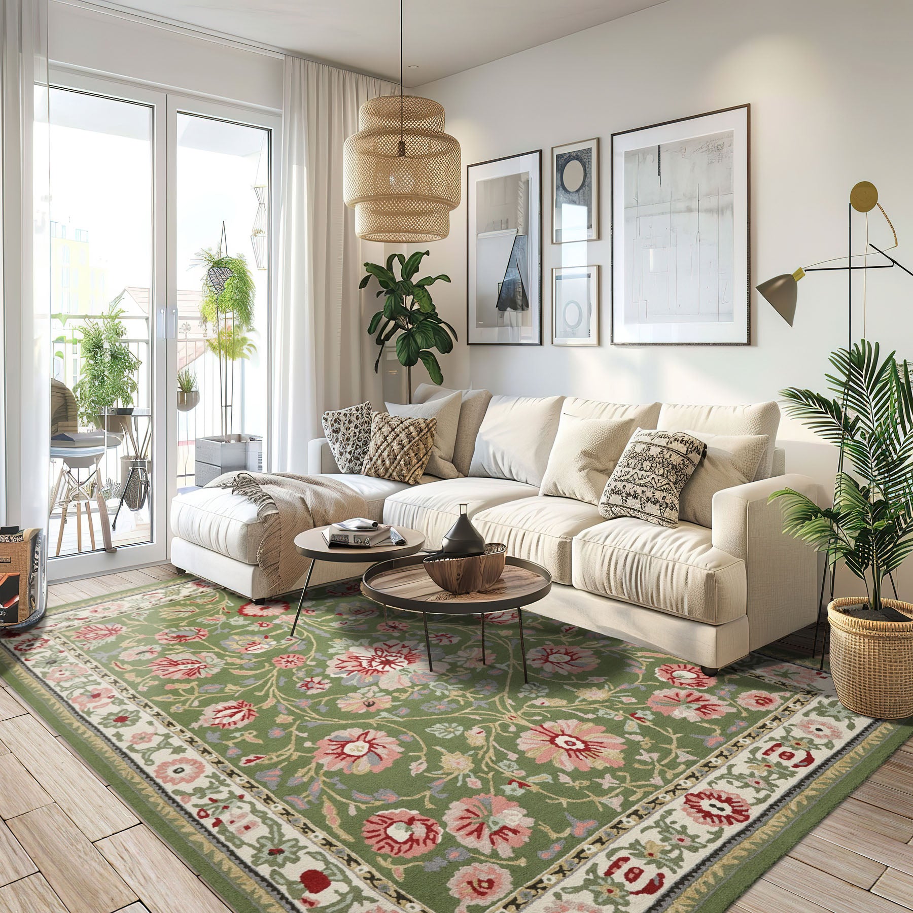 8x10 Sage, Cream, Blush Color Hand Hooked  Wool Traditional Oriental Rug