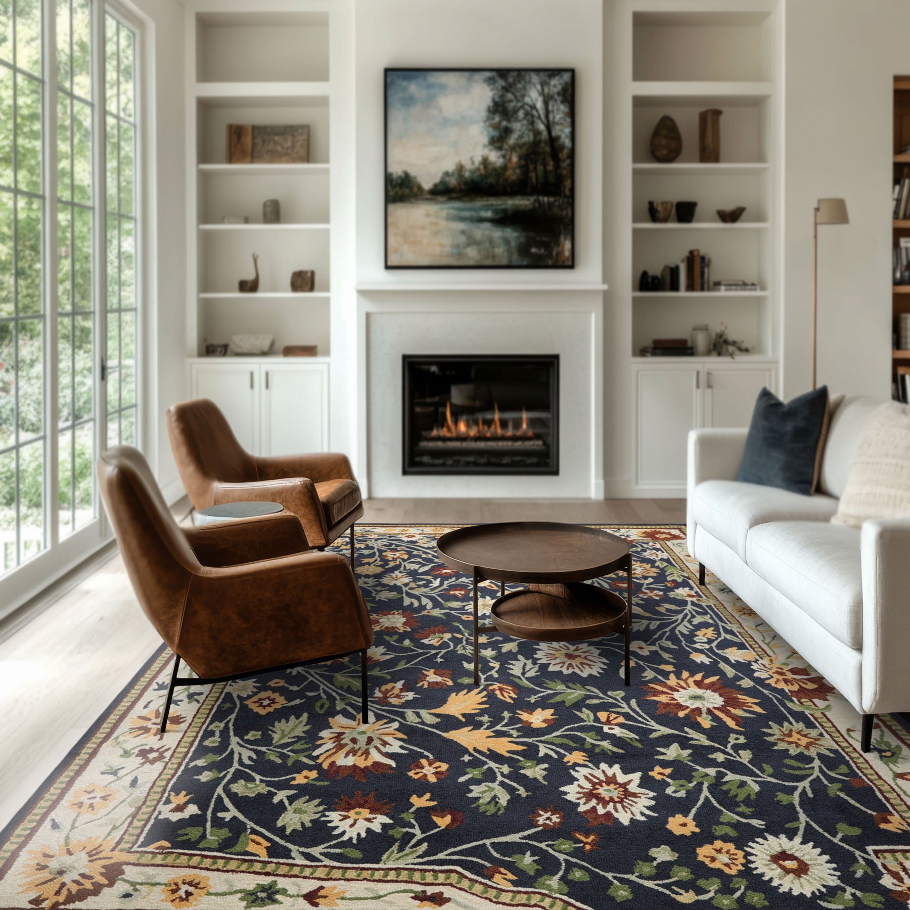 8x10 Navy, Ivory, Sage Color Hand Hooked  Wool Traditional Oriental Rug