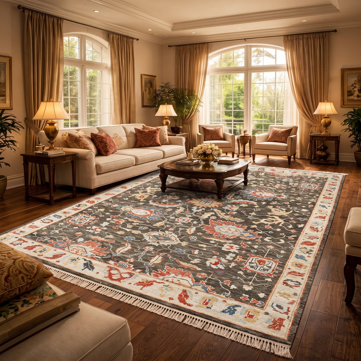 Brown, Beige 8'11''x11'10'' Oushak Arts and Crafts Hand Knotted Wool Oriental Area Rug