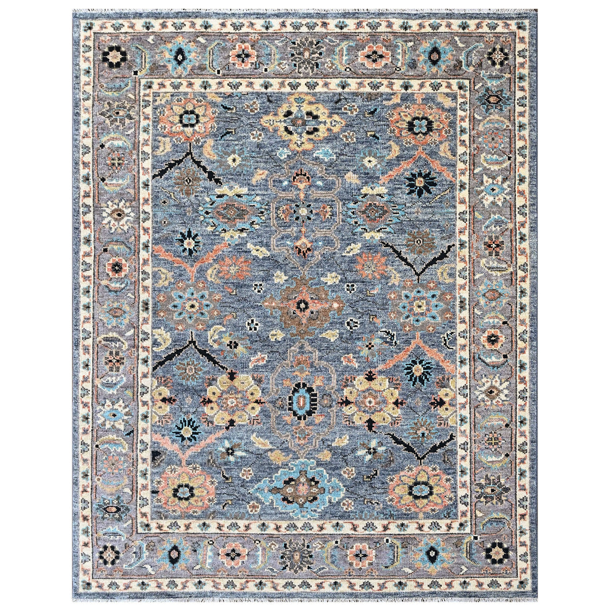 Blue, Gray 7'9''x10 Oushak Arts and Crafts Hand Knotted Wool Oriental Area Rug