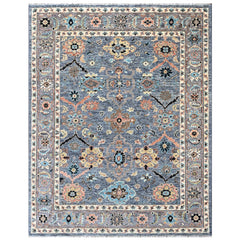 Blue, Gray 7'9''x10 Oushak Arts and Crafts Hand Knotted Wool Oriental Area Rug