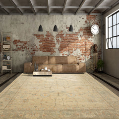 8'6x11'6 Faded Mint, Beige, Peach Color Hand Knotted Oushak Wool Arts & Crafts Oriental Rug