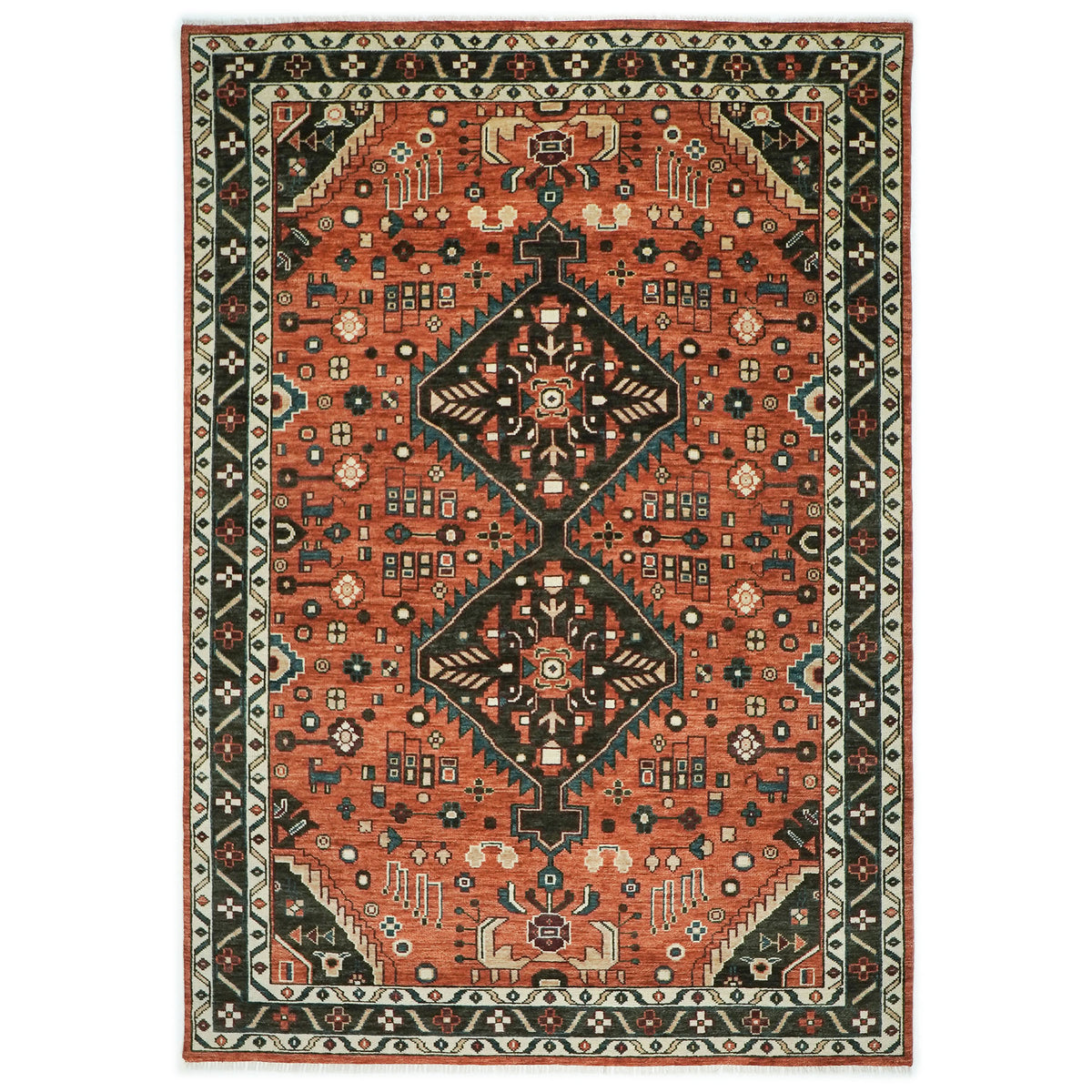 10x14 Burnt Orange, Dark Green, Teal Color Hand Knotted Oushak Wool  Oriental Rug