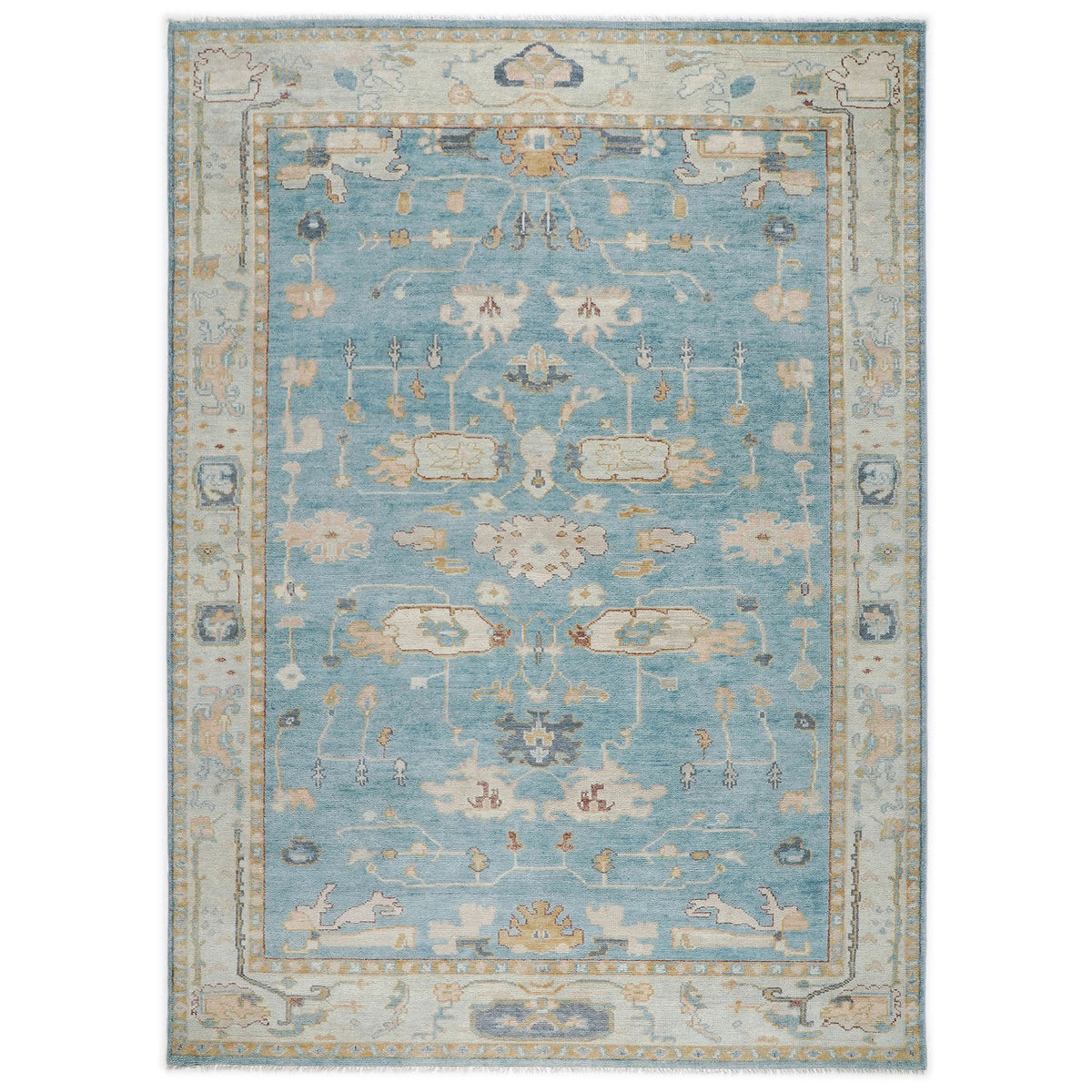 10x14 Aqua, Gray, Tan Color Hand Knotted Oushak Wool Transitional Oriental Rug