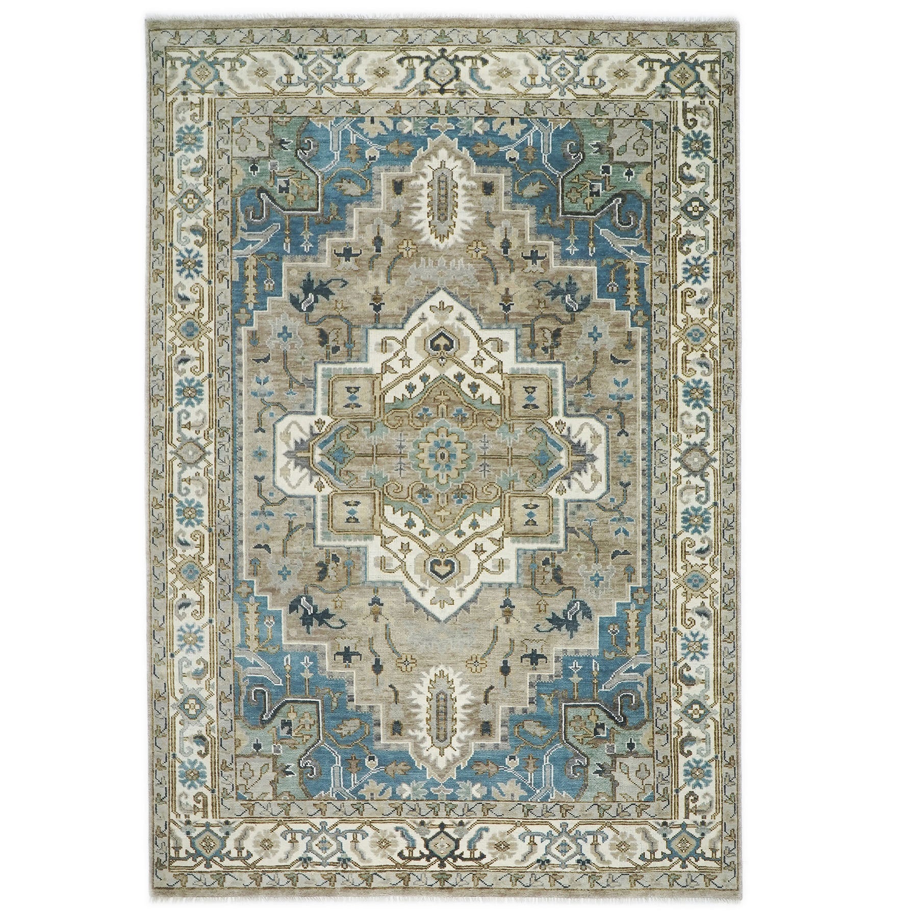 10x14 Beige, Ivory, Blue Color Hand Knotted Oushak Wool  Oriental Rug