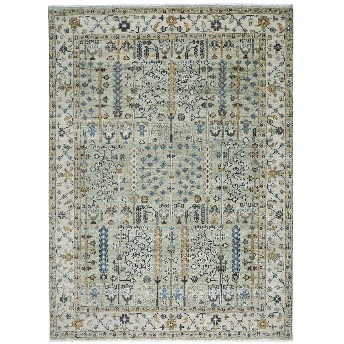 10x14 Mint, Ivory, Blue Color Hand Knotted Oushak Wool Transitional Oriental Rug