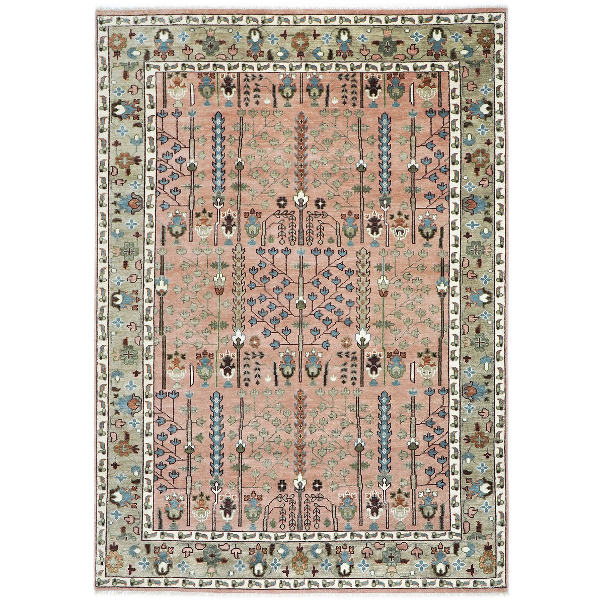 10x14 Rose, Mint, Brown Color Hand Knotted Oushak Wool Transitional Oriental Rug