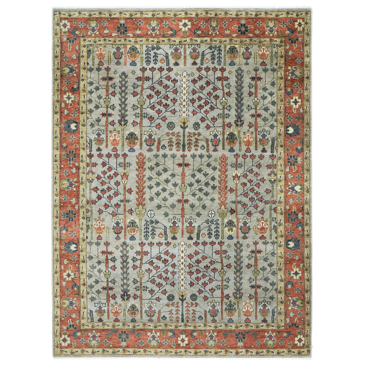 10x14 Light Blue, Burnt Orange, Lime Color Hand Knotted Oushak Wool Transitional Oriental Rug