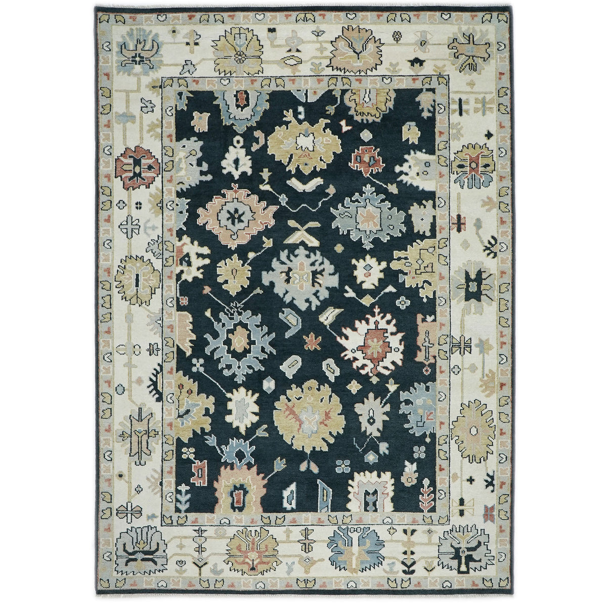 10x14 Dark Blue, Ivory, Green Color Hand Knotted Oushak Wool Arts and Crafts Oriental Rug