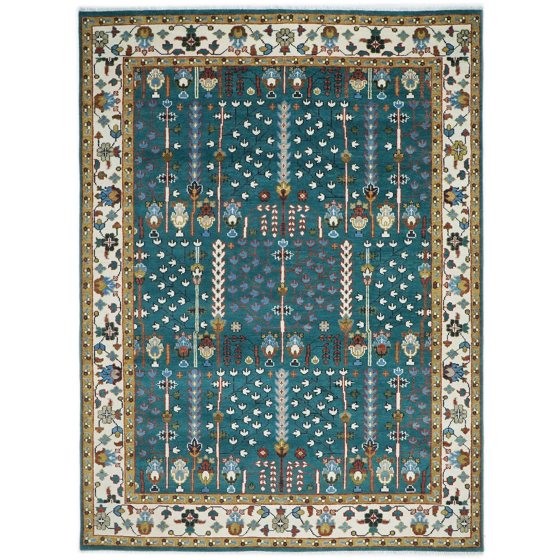 10x14 Teal, Ivory, Gold Color Hand Knotted Oushak Wool Transitional Oriental Rug