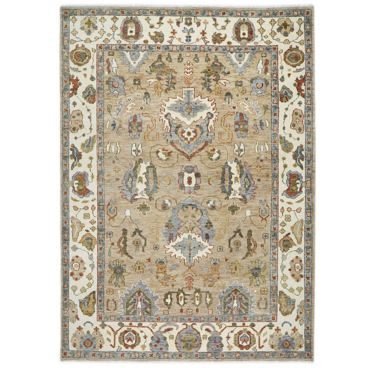10x14 Tan, Ivory, Slate Color Hand Knotted Oushak Wool Arts and Crafts Oriental Rug