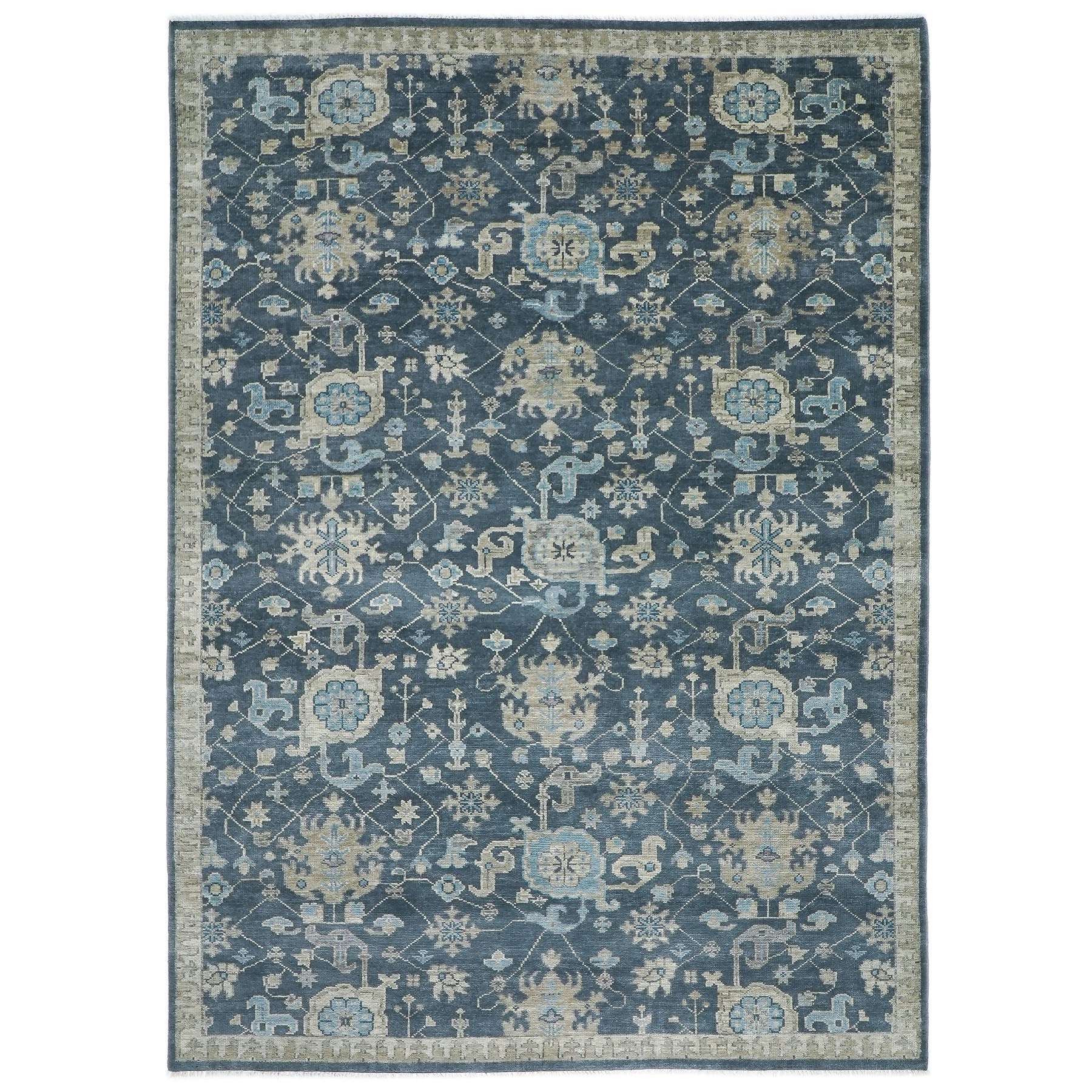 10x14 Blue, Beige, Moss Color Hand Knotted Oushak Wool Arts and Crafts Oriental Rug