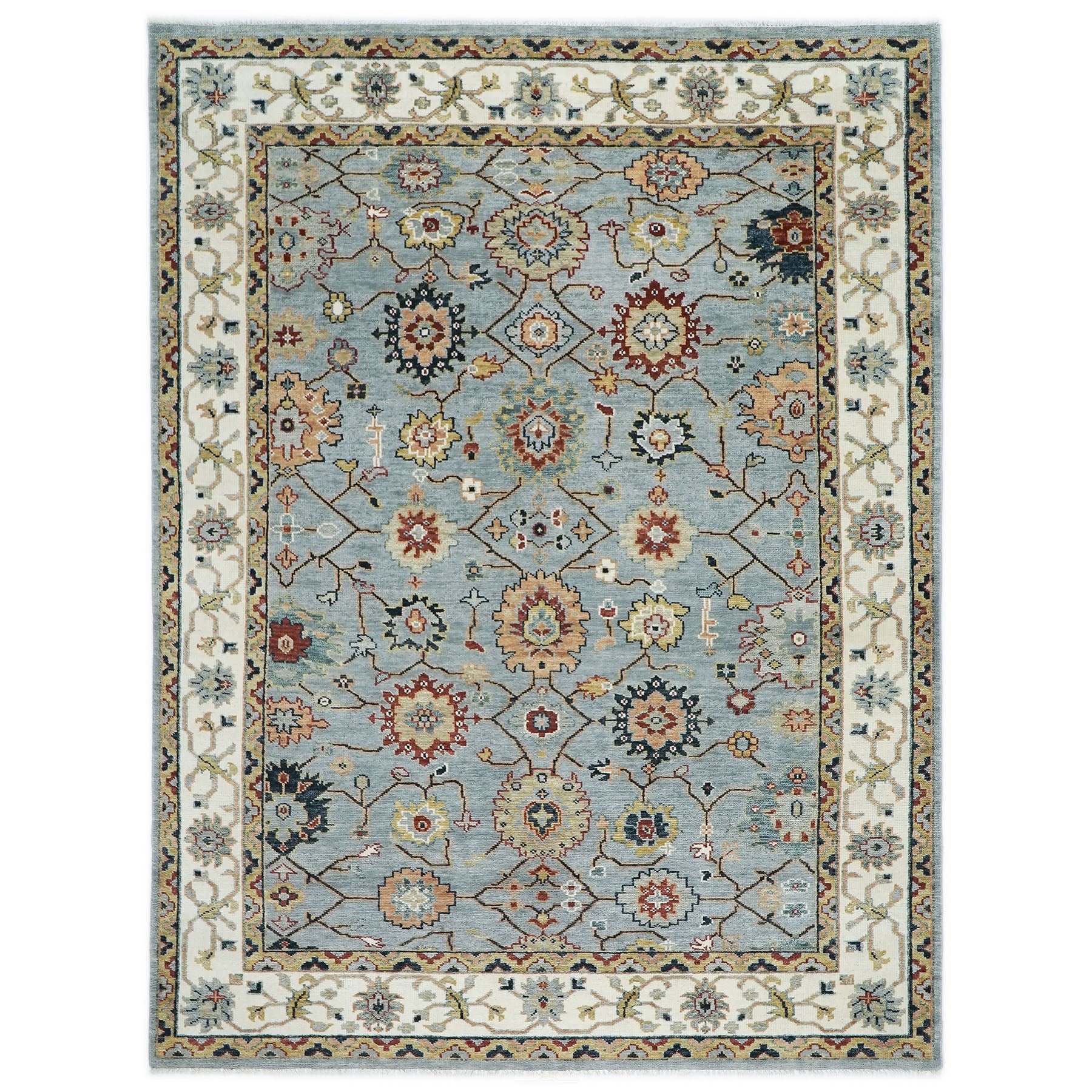 10x14 Blue, Ivory, Gold Color Hand Knotted Oushak Wool Arts and Crafts Oriental Rug