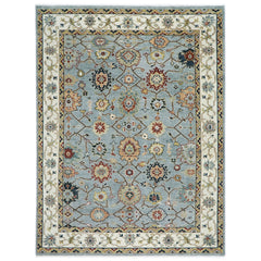 10x14 Blue, Ivory, Gold Color Hand Knotted Oushak Wool Arts and Crafts Oriental Rug