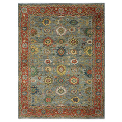 10x14 Blue, Burnt Orange, Gold Color Hand Knotted Oushak Wool Arts and Crafts Oriental Rug
