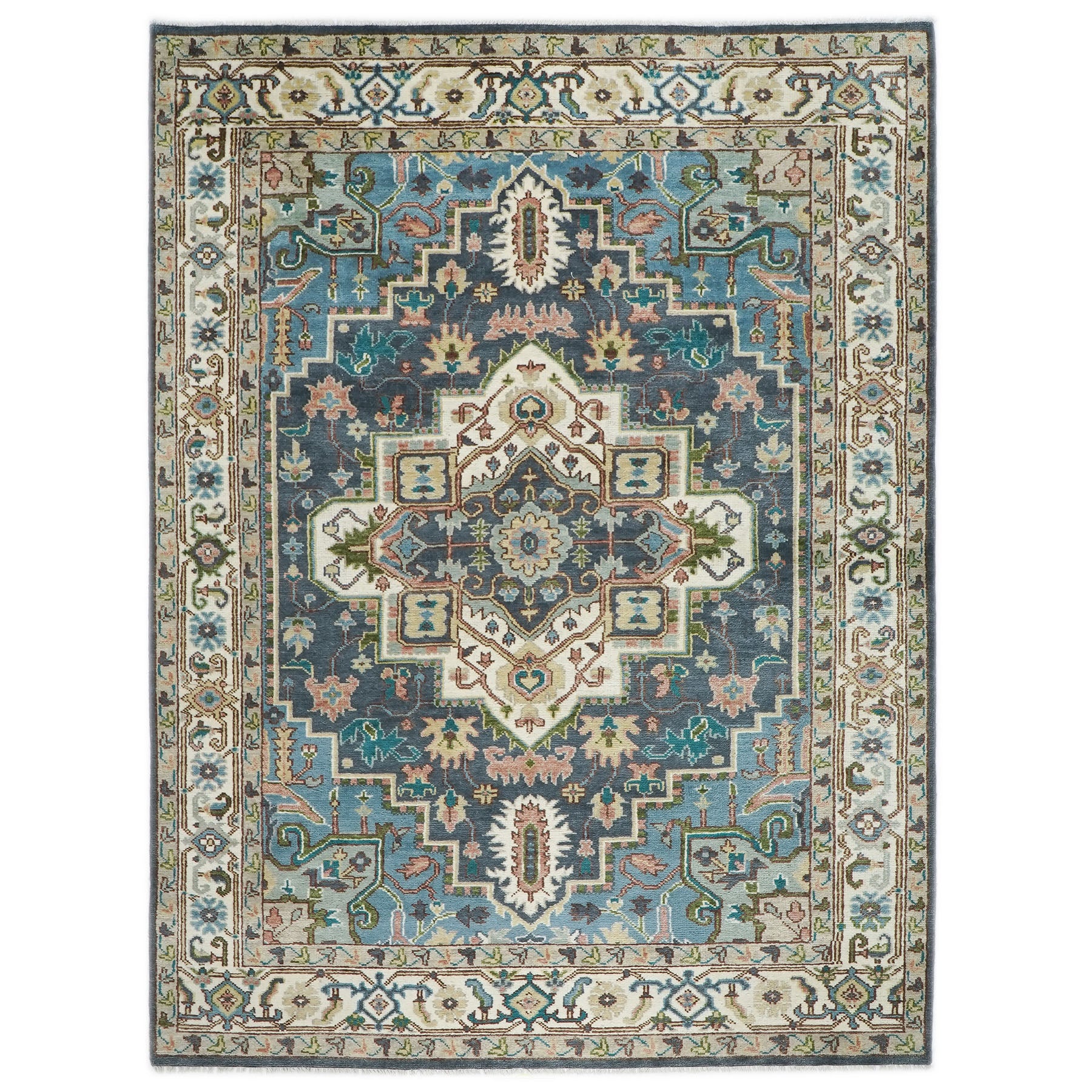 10x14 Blue, Ivory, Gray Color Hand Knotted Oushak Wool  Oriental Rug