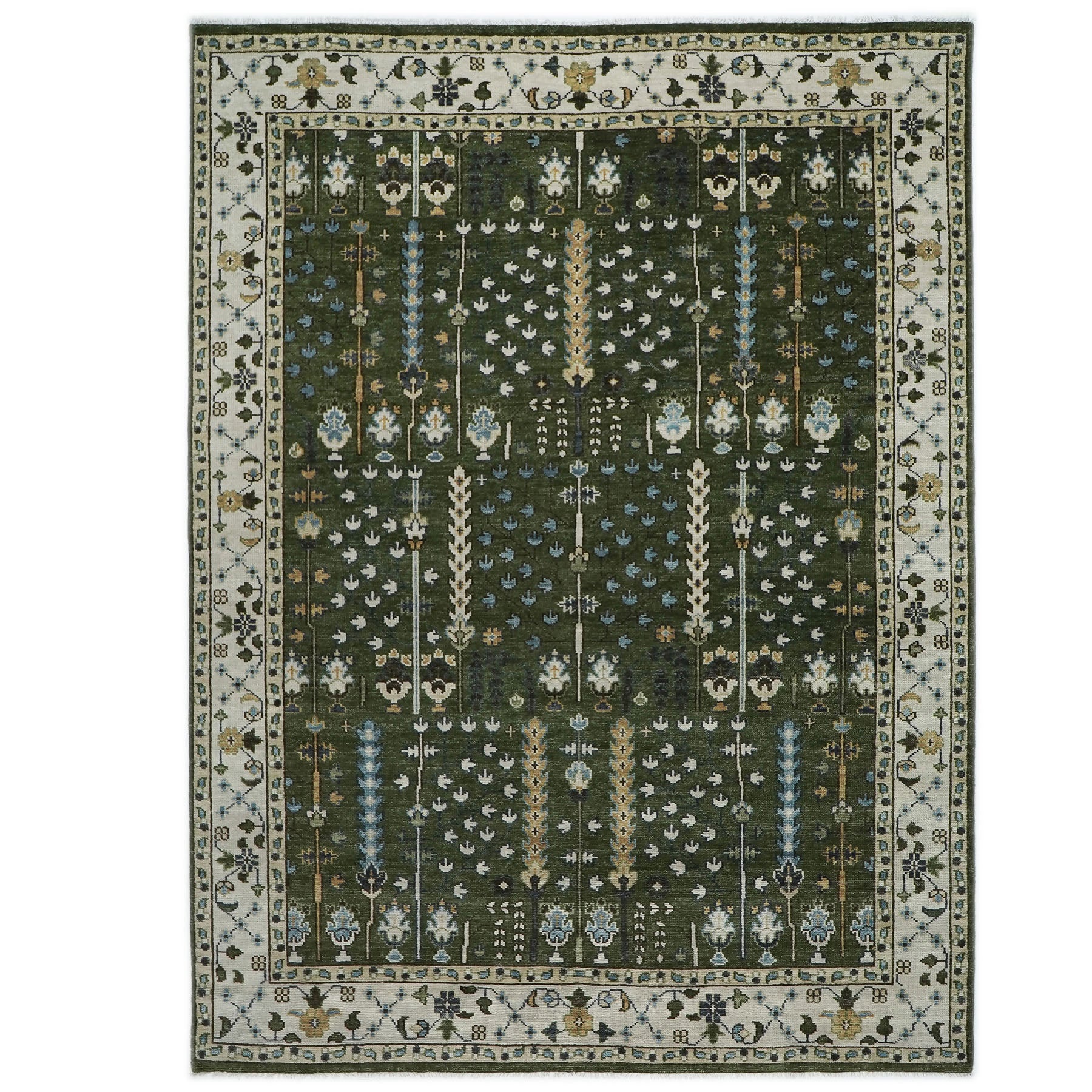 10x14 Green, Ivory, Tan Color Hand Knotted Oushak Wool Transitional Oriental Rug