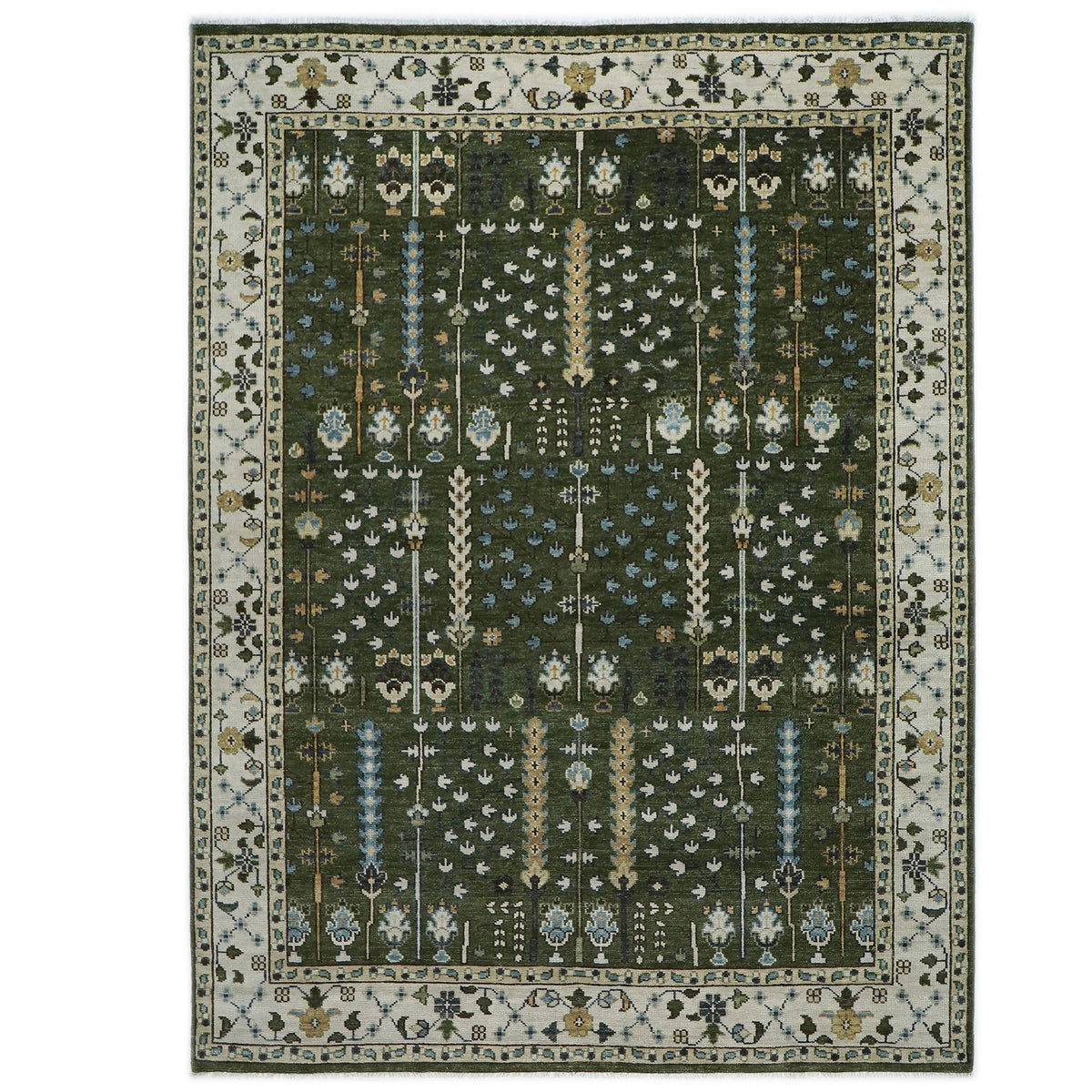 10x14 Green, Ivory, Tan Color Hand Knotted Oushak Wool Transitional Oriental Rug