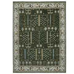 10x14 Green, Ivory, Tan Color Hand Knotted Oushak Wool Transitional Oriental Rug