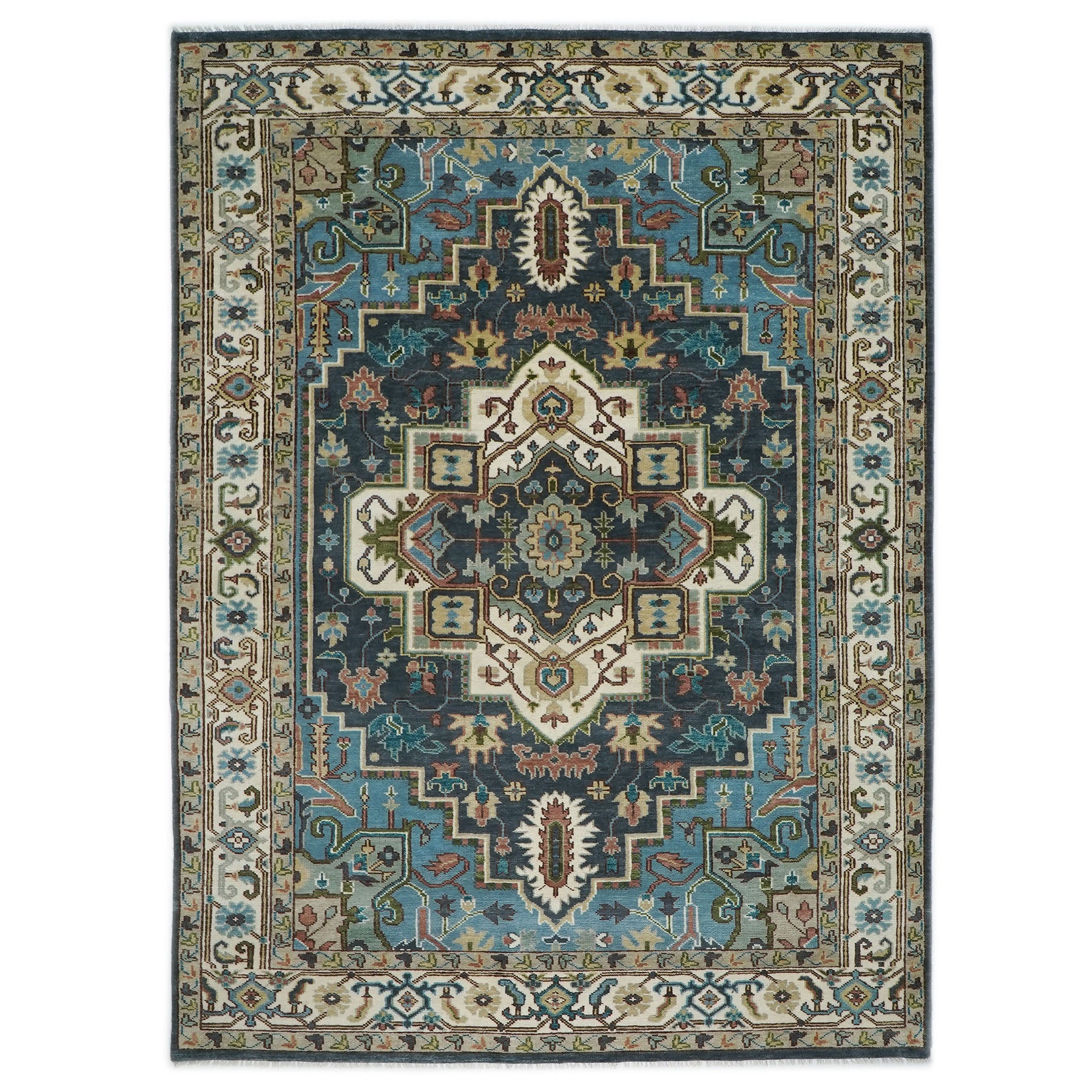 10x14 Blue, Ivory, Beige Color Hand Knotted Oushak Wool  Oriental Rug