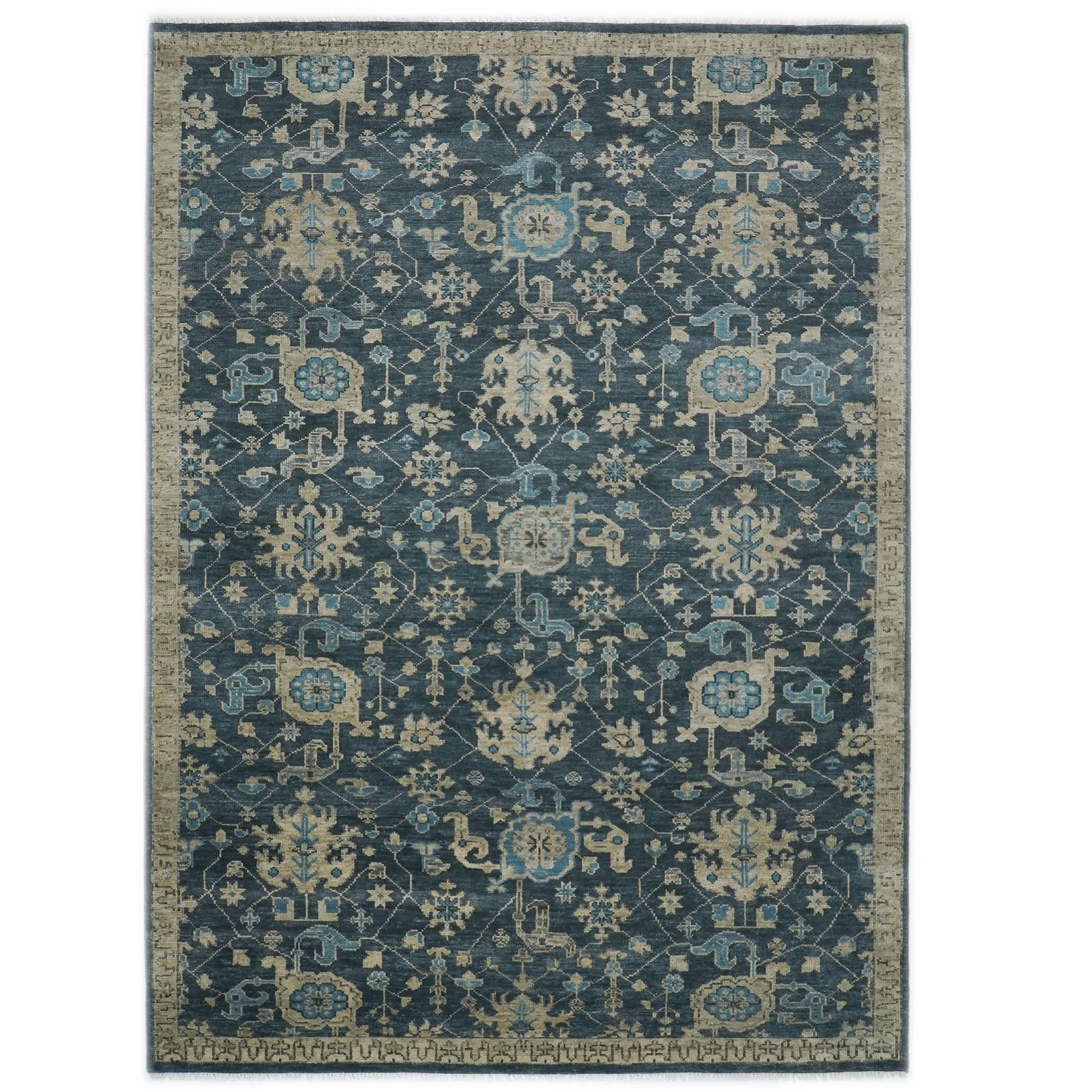 10x14 Blue, Beige, Ivory Color Hand Knotted Oushak Wool Transitional Oriental Rug