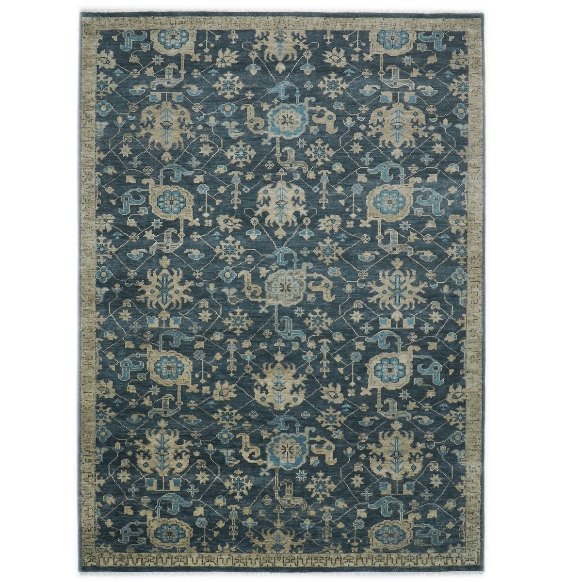 10x14 Blue, Beige, Ivory Color Hand Knotted Oushak Wool Transitional Oriental Rug