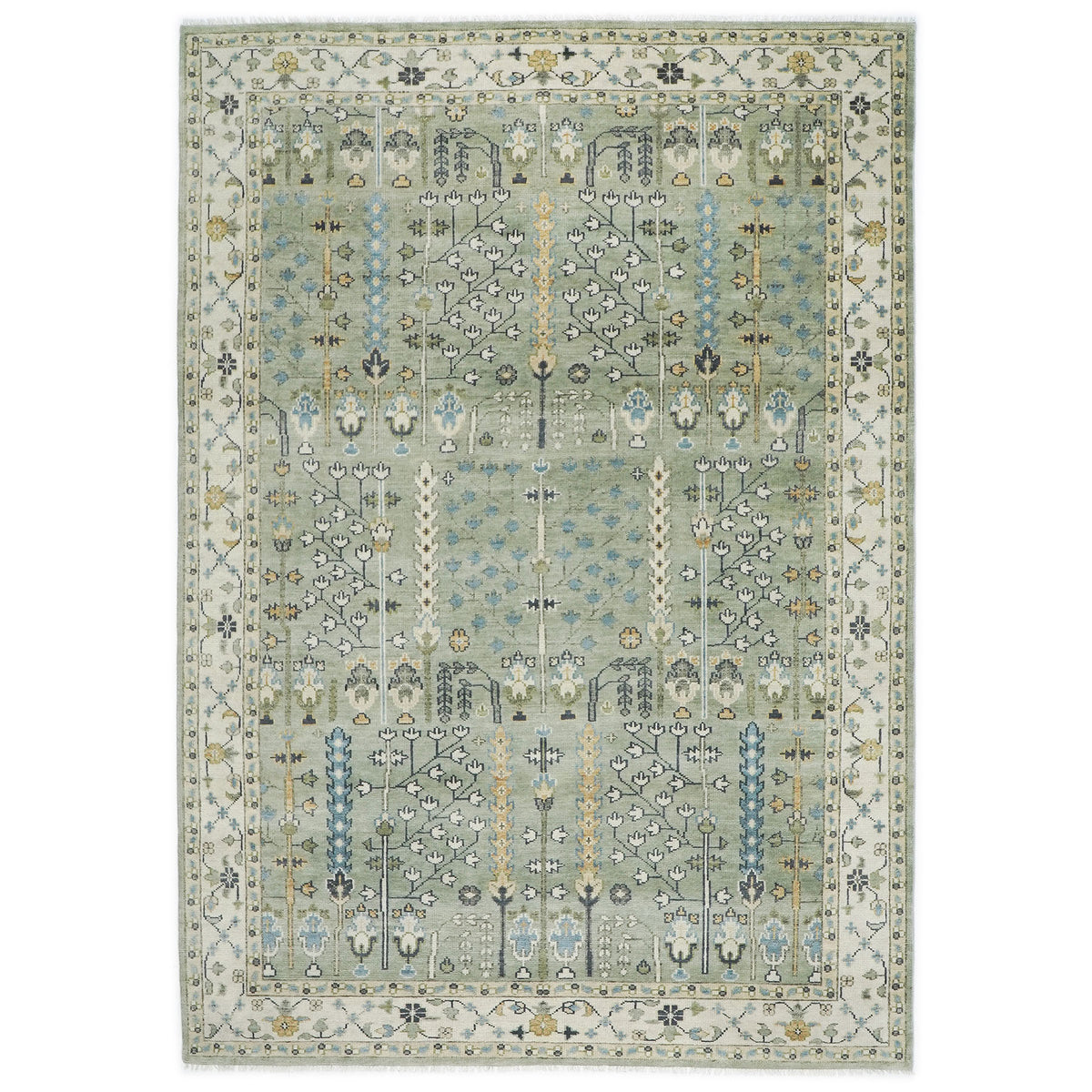 10x14 Mint, Ivory, Blue Color Hand Knotted Oushak Wool Transitional Oriental Rug