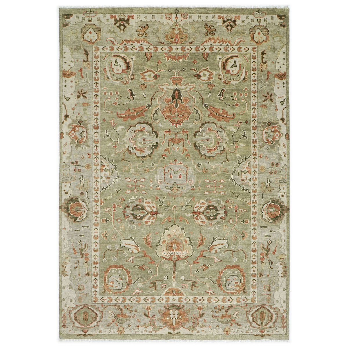 10x14 Green, Peach, Gray Color Hand Knotted Oushak Wool Arts and Crafts Oriental Rug